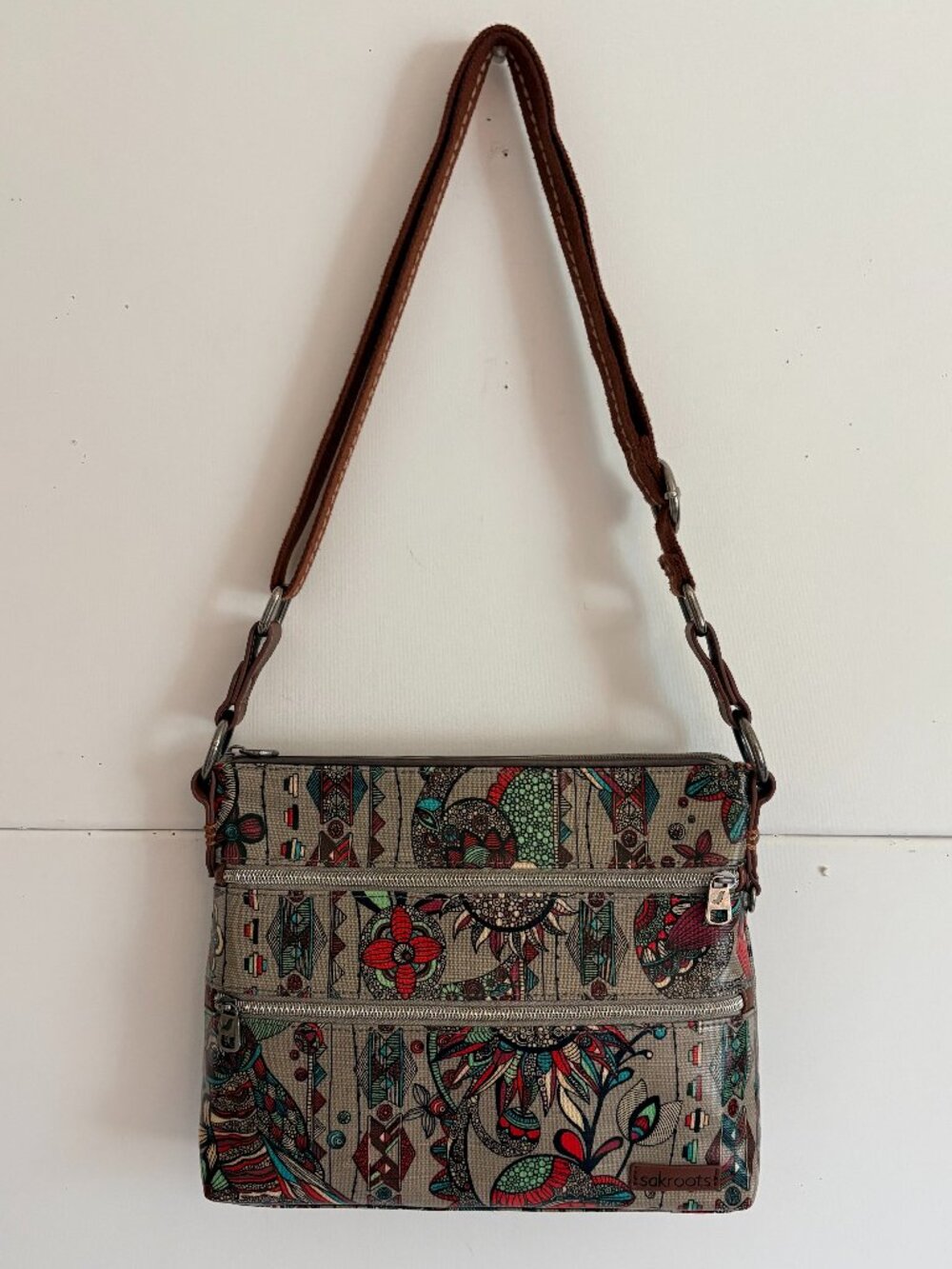 Sakroots Bohemian Colorful Tribal Owl Print Crossbody Coated Canvas Purse/Bag